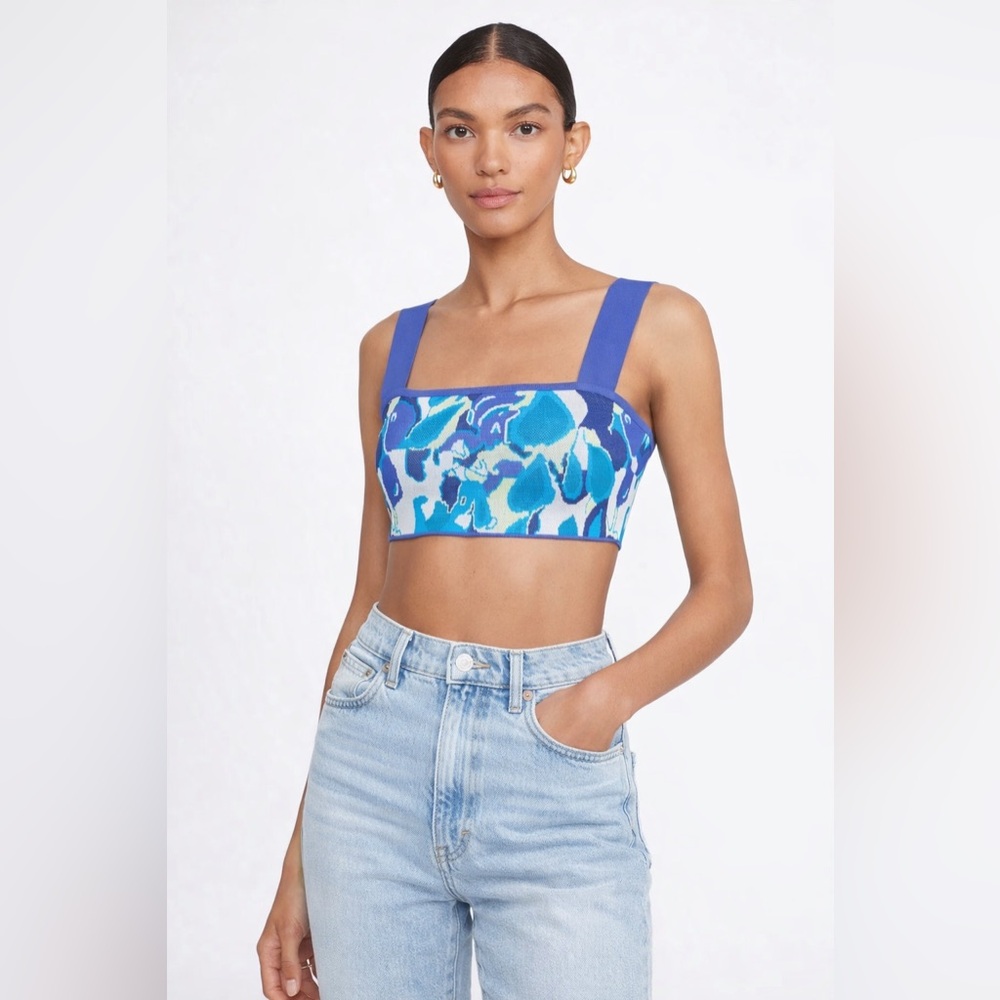 STAUD Zola Leaf Print Crop Top Square Neck Tropical Summer Vacation Resort SZ L